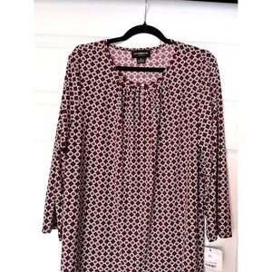 Liz Claiborne Career Womens XL Burgundy Geometric Foulard Split Neck Blouse NWT
